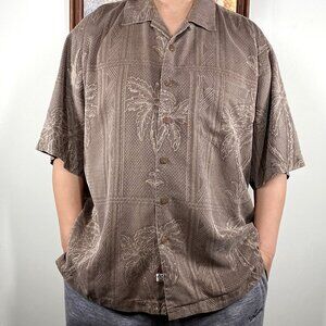 Seven Palm 100% Silk Hawaiian Button Up Shirt Top Men's XL Brown Textured Casual